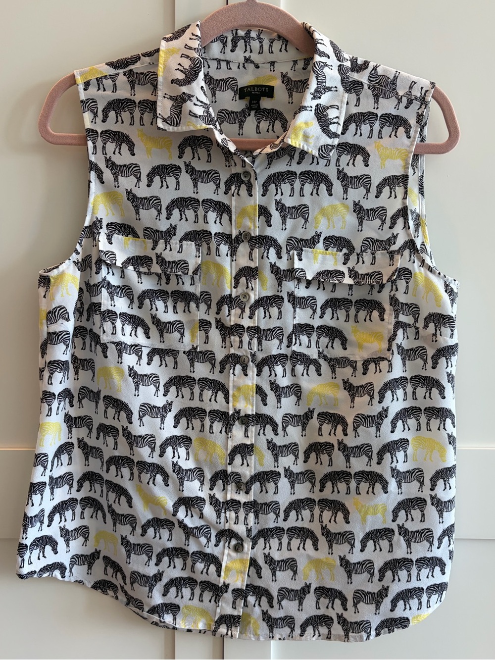 Talbots Sleeveless Zebra-Print Blouse in White, Black & Yellow Size 14 Petite